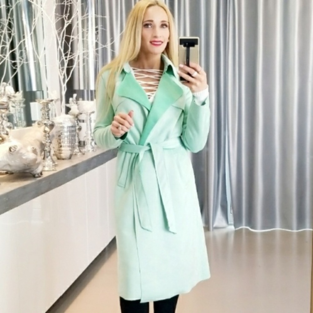 PATRICIA Suede Trench Jacket Coat - Mint Green - Picture 2 of 6